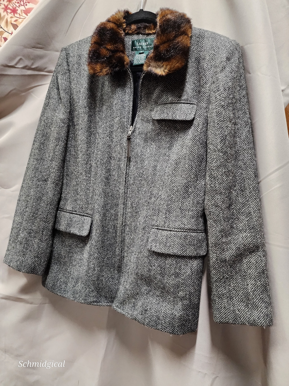 VTG Lauren Ralph Lauren Silk Wool Herringbone Tweed Jacket Faux Fur‎ Collar Sz 8
